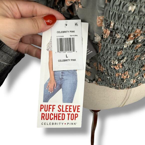NEW Celebrity Pink Gray Floral Top Size Large Smocked ruched Puff Sleeve Crop - Picture 9 of 11